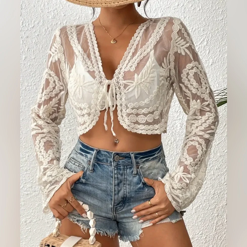 Floral Lace Tie Front Sheer Crop Top